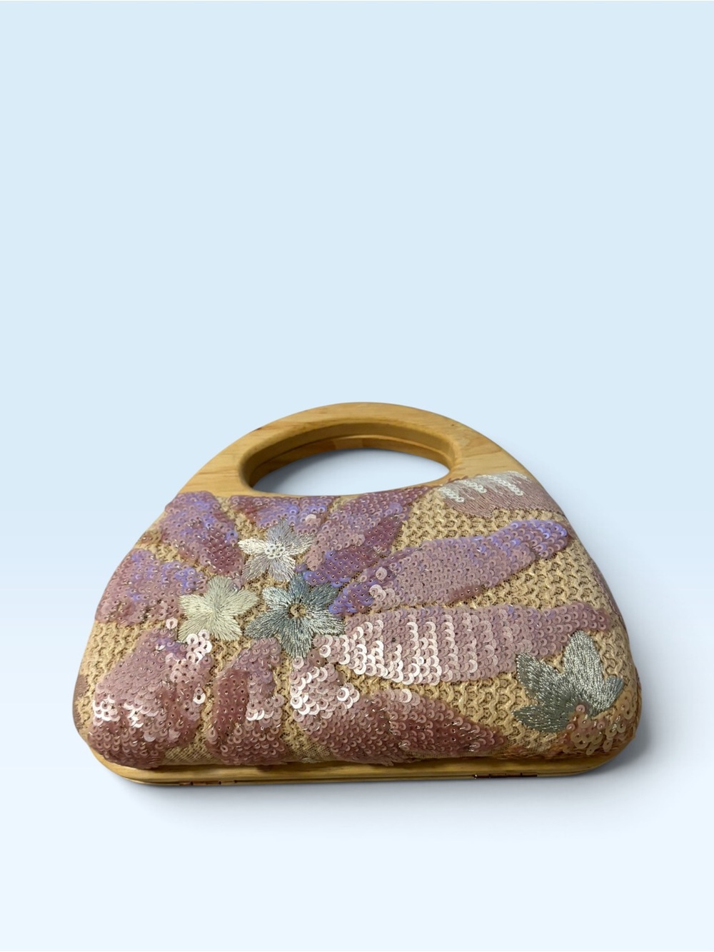 Haute hippie Sequin Floral Handheld Bag with Wooden Handle - Pink & Gold